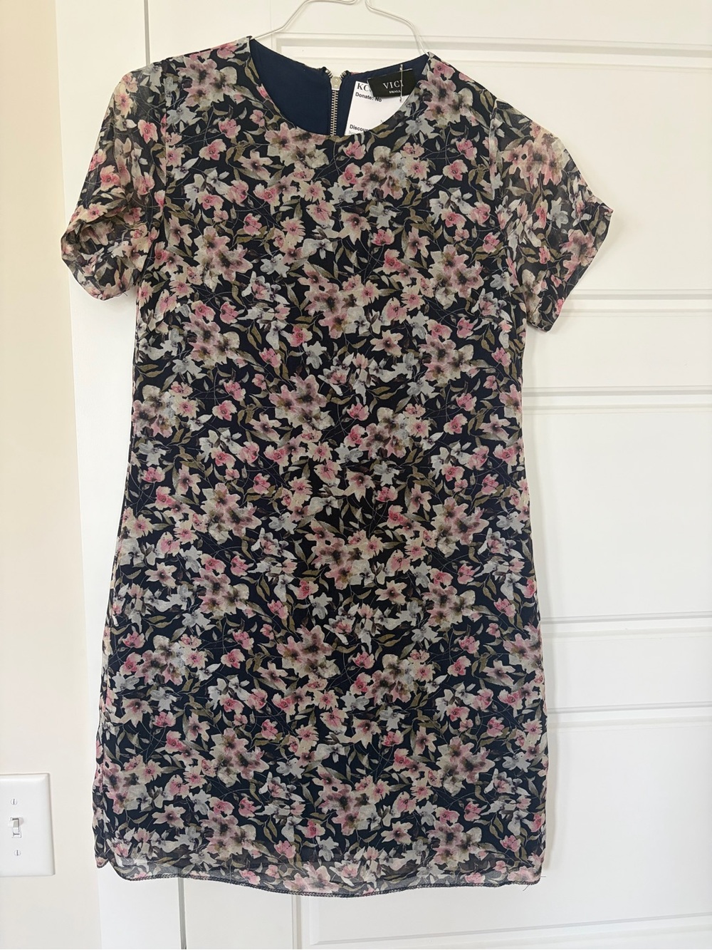 Vici Navy Floral Short Sleeve Shift Dress with Pink & Cream Blooms